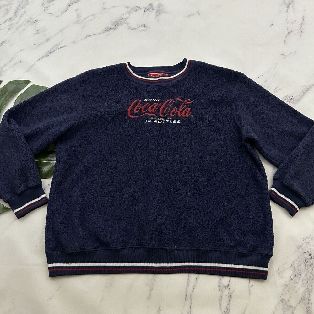 Coca Cola Womens Vintage Y2k Sherpa Pullover Sweatshirt Size L Blue Red Coke
